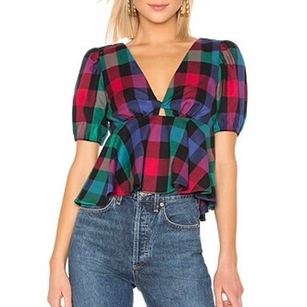 Tularosa Black Multi Plaid Short Sleeve V‎ Neck Top size small preppy grunge